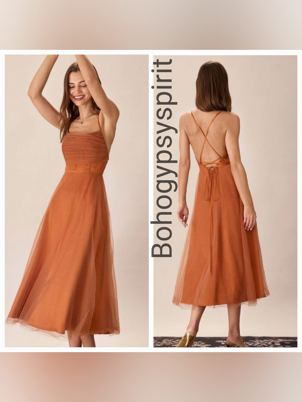 NWT Rihoas Caramel Mesh Flowy Slip Midi Dress, Large